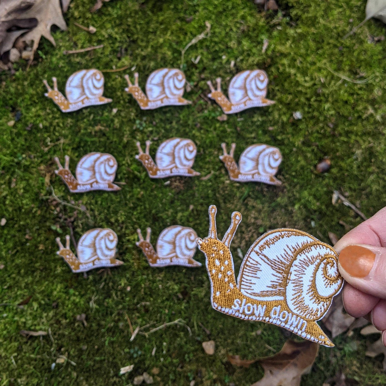 Iron - on patch | slow down snail - brown 1.6" x 2.6" - MST Goodsilikesara | art + goods