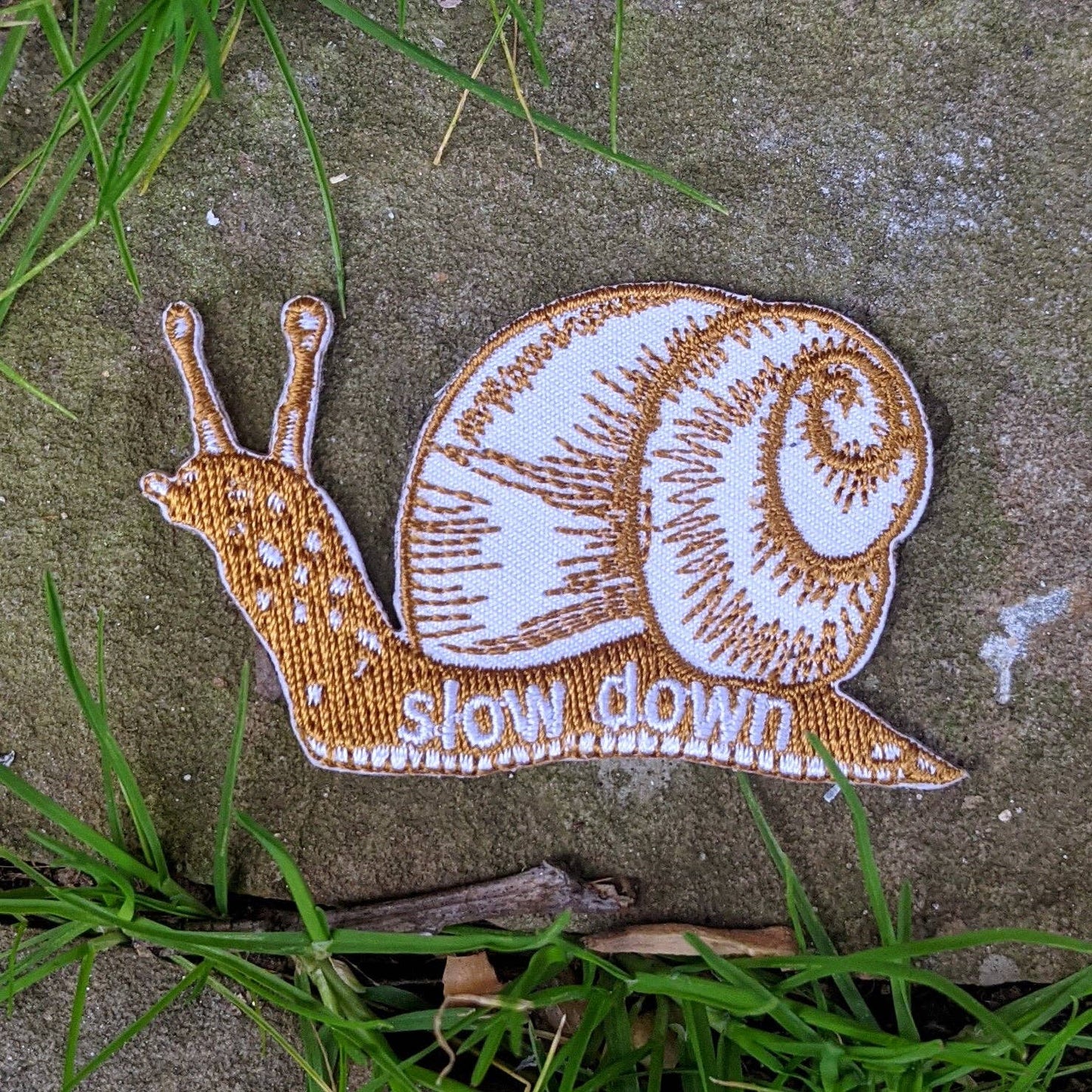 Iron - on patch | slow down snail - brown 1.6" x 2.6" - MST Goodsilikesara | art + goods