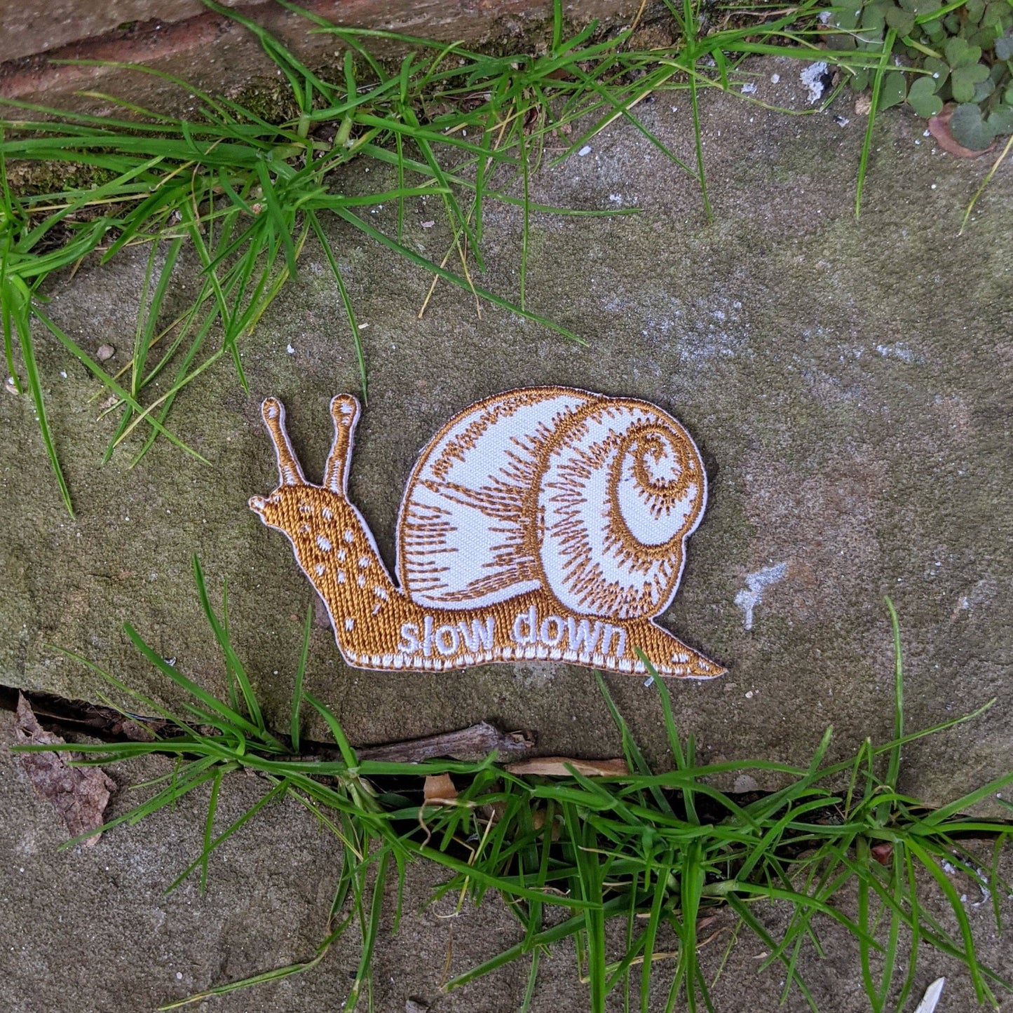 Iron - on patch | slow down snail - brown 1.6" x 2.6" - MST Goodsilikesara | art + goods