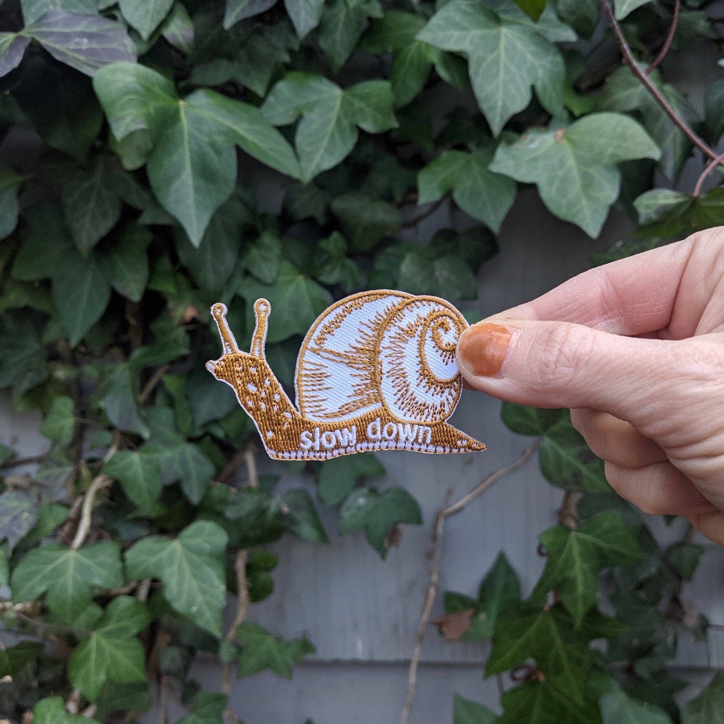 Iron - on patch | slow down snail - brown 1.6" x 2.6" - MST Goodsilikesara | art + goods