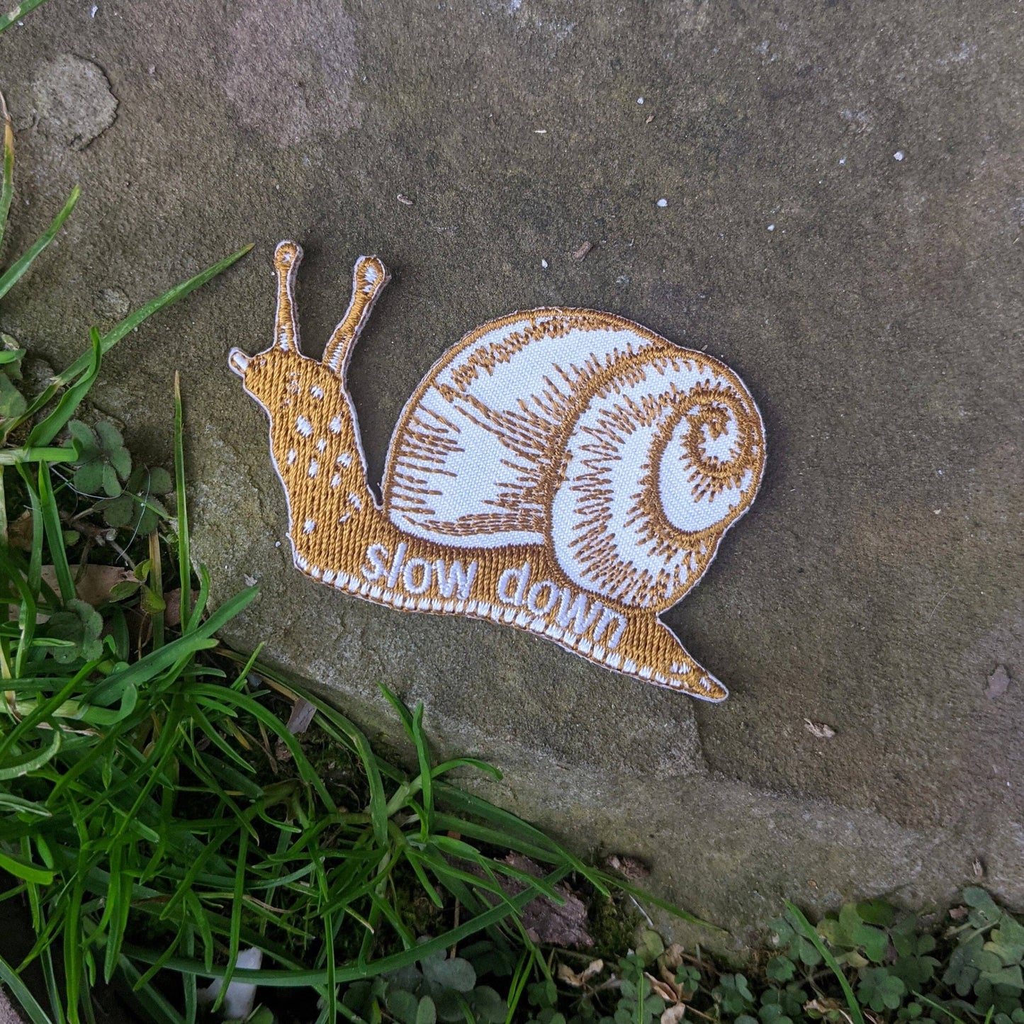 Iron - on patch | slow down snail - brown 1.6" x 2.6" - MST Goodsilikesara | art + goods