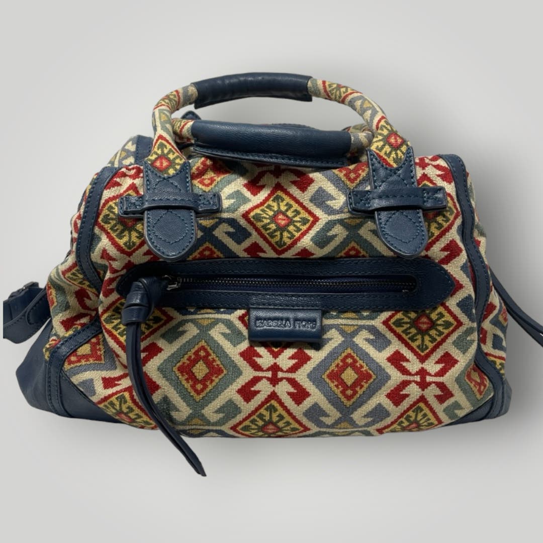 Isabella Fiore Bags Purse Studded Convertible Blue Leather Trim Geometric Pattern - MST GoodsIsabella Fiore