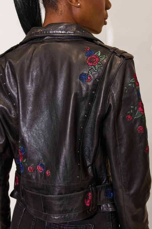 Isabella Floral Patch Leather Jacket