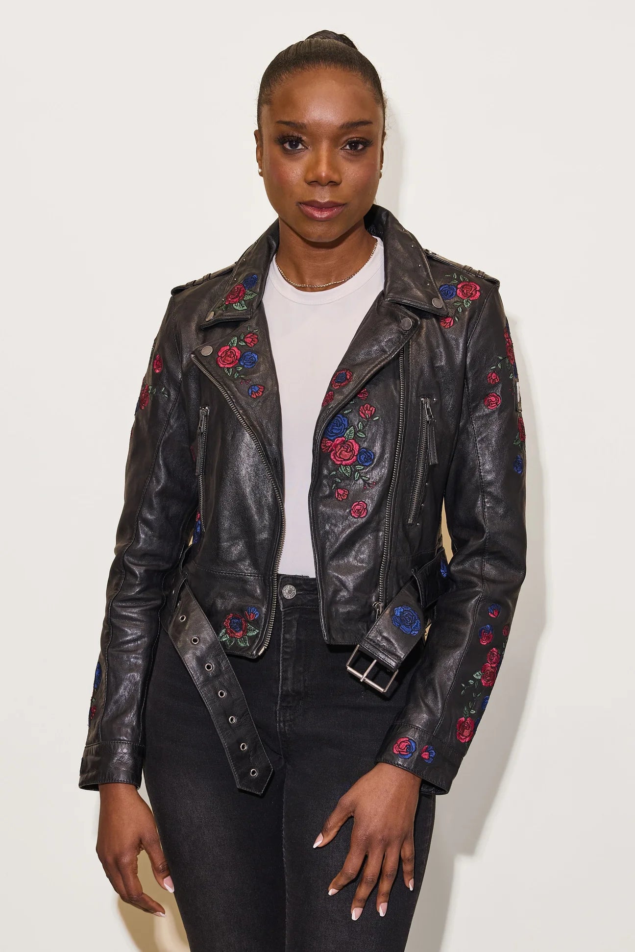 Isabella Floral Patch Leather Jacket