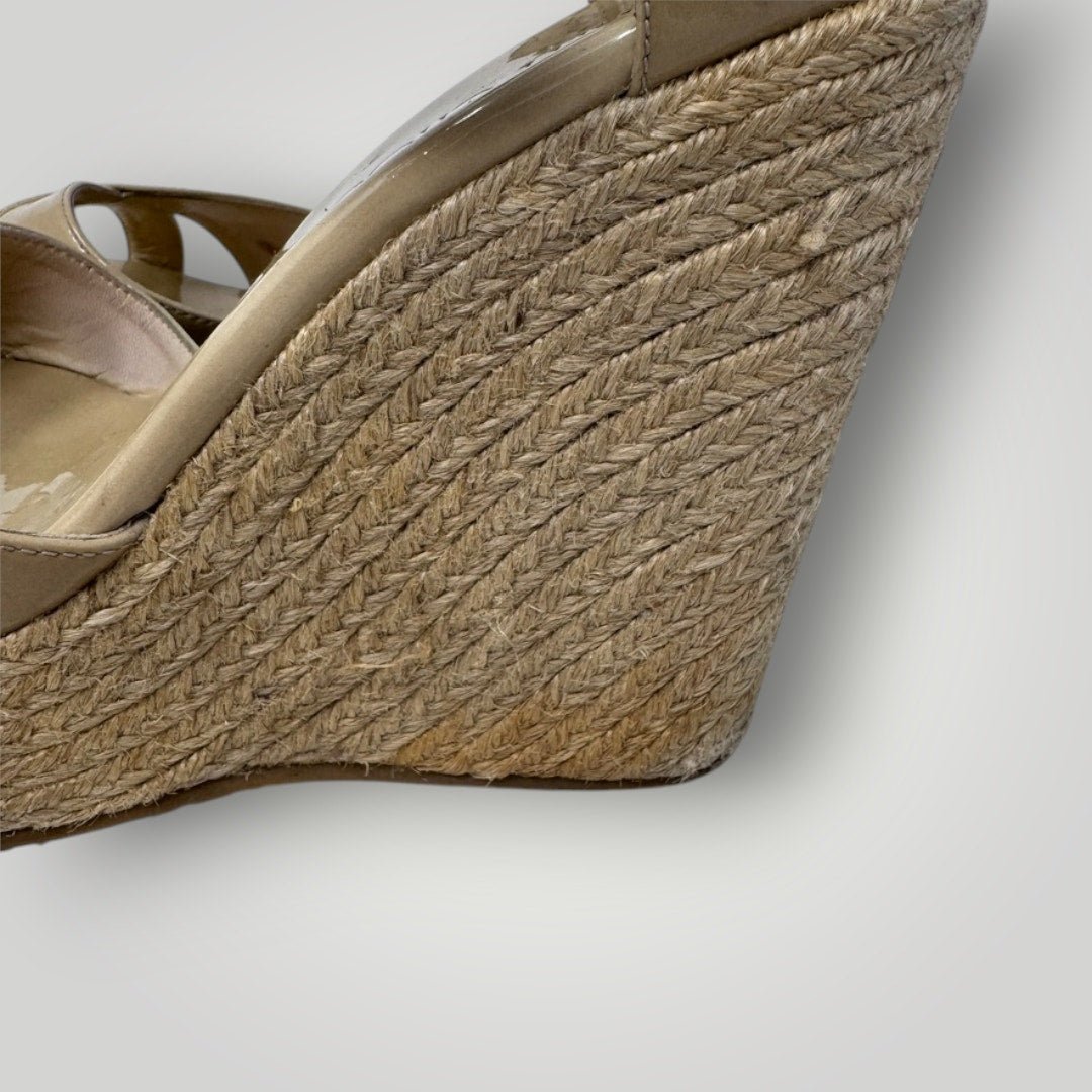 Jimmy Choo Nude Patent Leather Espadrilles Jute Trim Platform Crossover 6.5 - MST GoodsJimmy Choo
