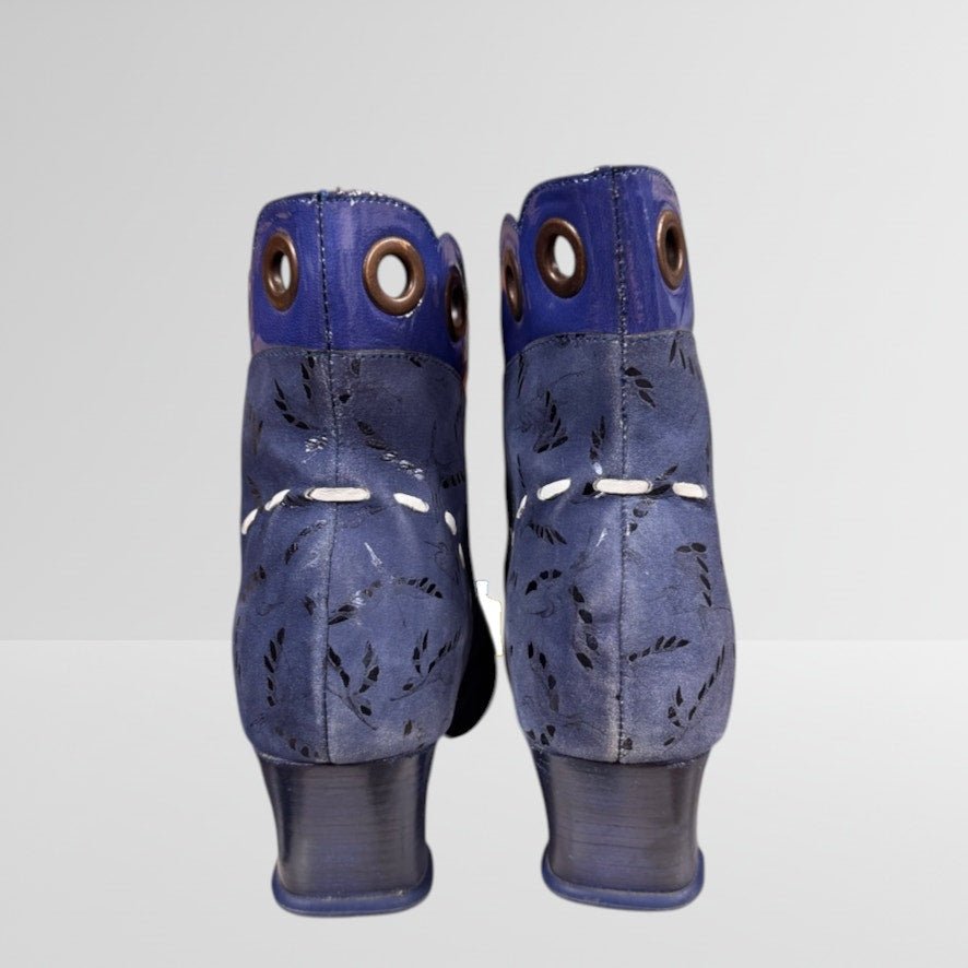 John Fluevog Operetta Licia Blue Ankle Boots Size 7 Blue Yellow White Ribbon - MST GoodsVintage