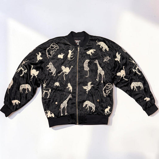 Johnny Was Workshop Satin Silk Bomber Jacket Embridered Animals XS Oversized - MST GoodsVintage