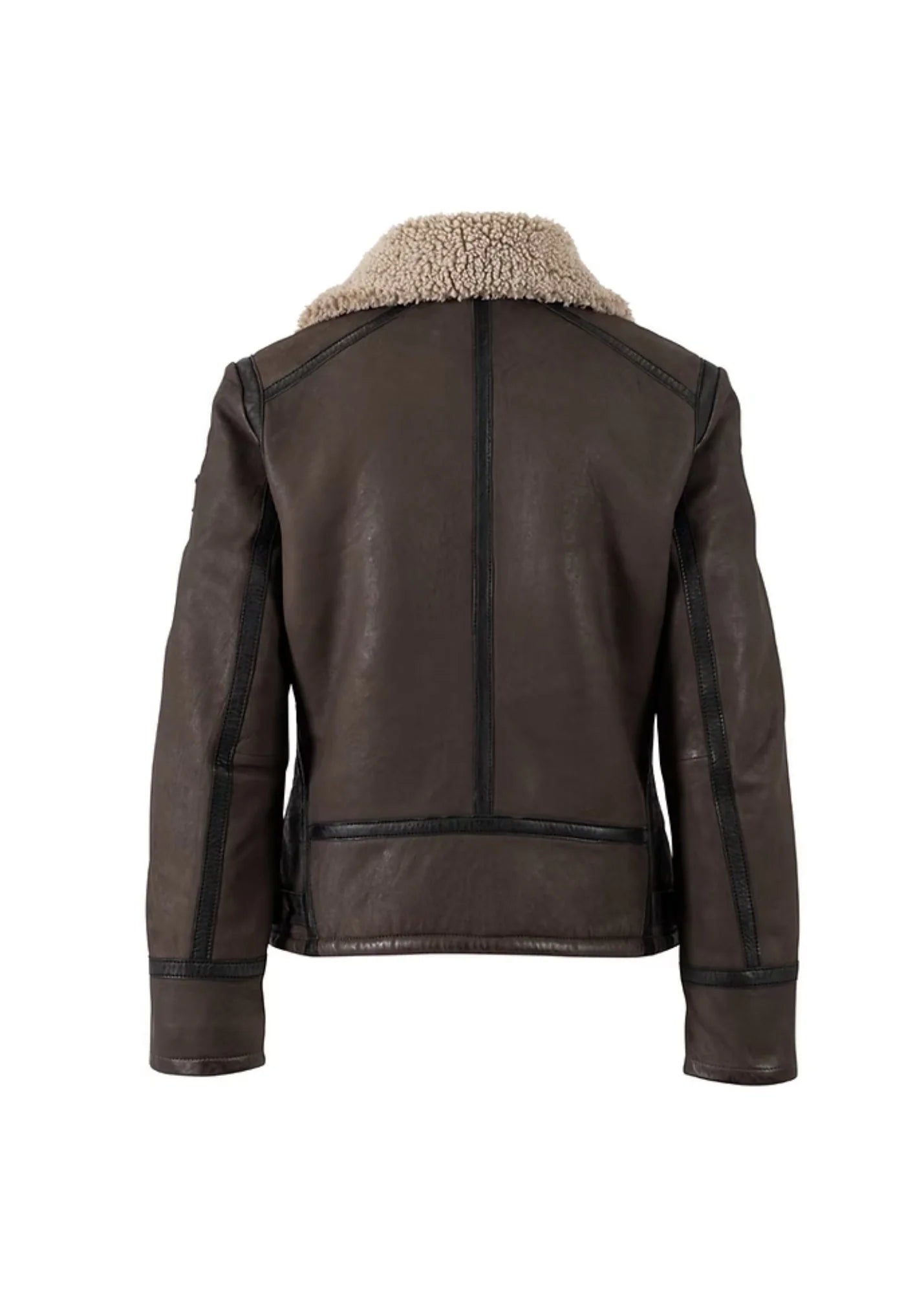 Brown leather jacket with shearling collar on a white background