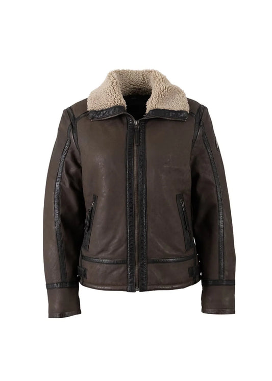 Brown leather jacket with beige fur collar on a white background