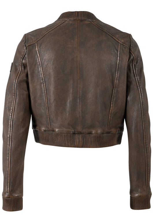 Kamaryn Brown Leather Crop Bomber Jacket