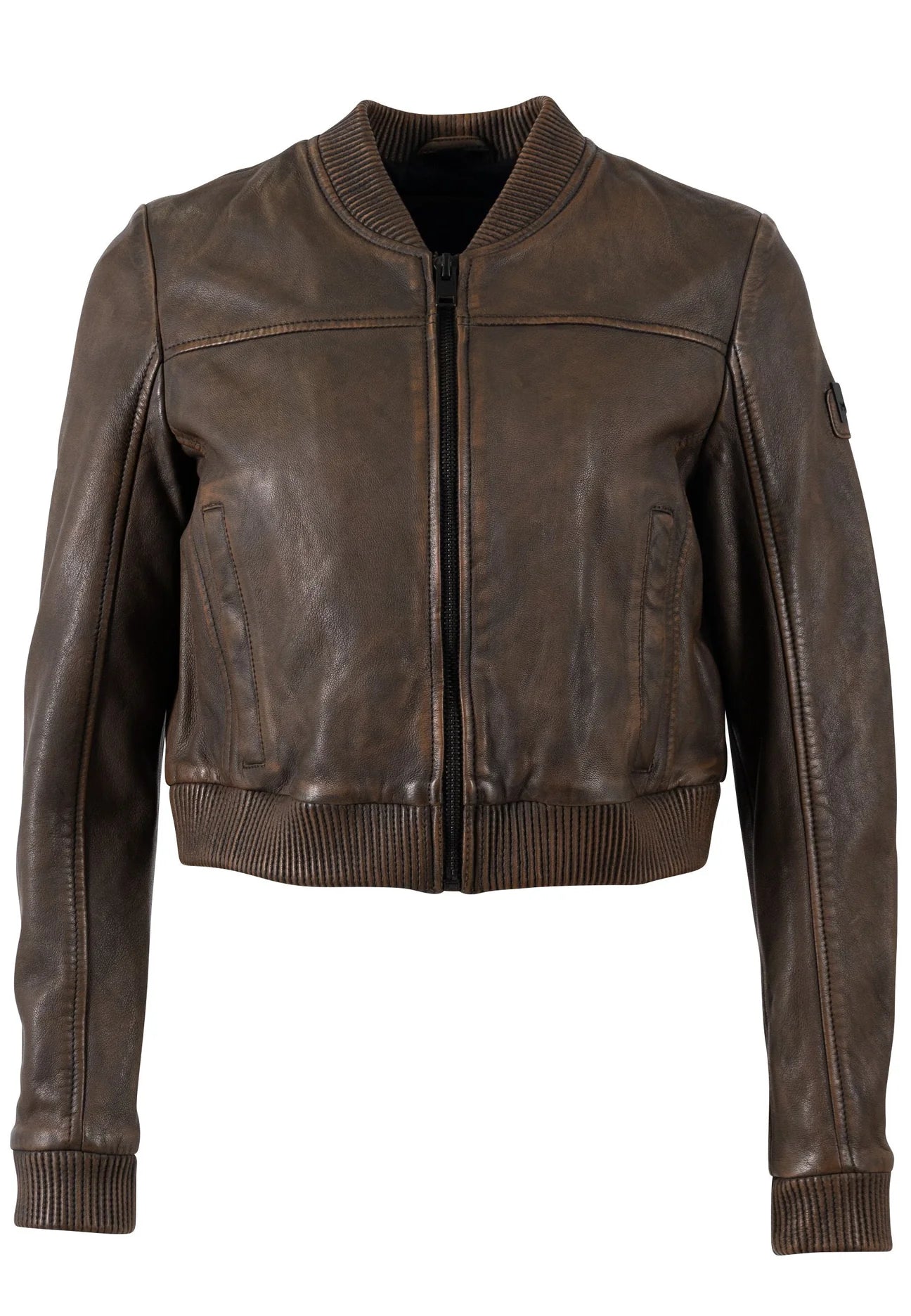 Kamaryn Brown Leather Crop Bomber Jacket