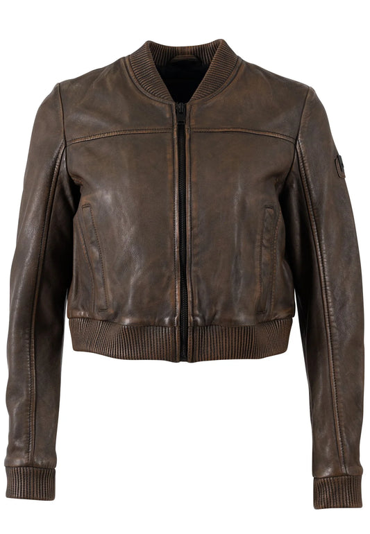 Kamaryn Brown Leather Crop Bomber Jacket