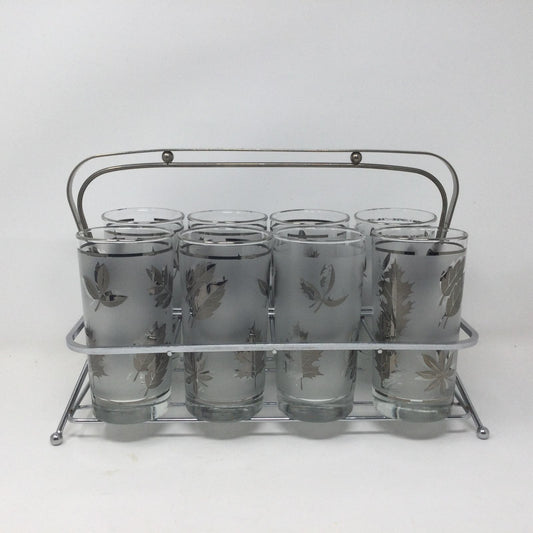 Libbey Starlyte Frosted Silver Leaf Glasses Foliage Set of 8 With Carrier - MST GoodsLibbey