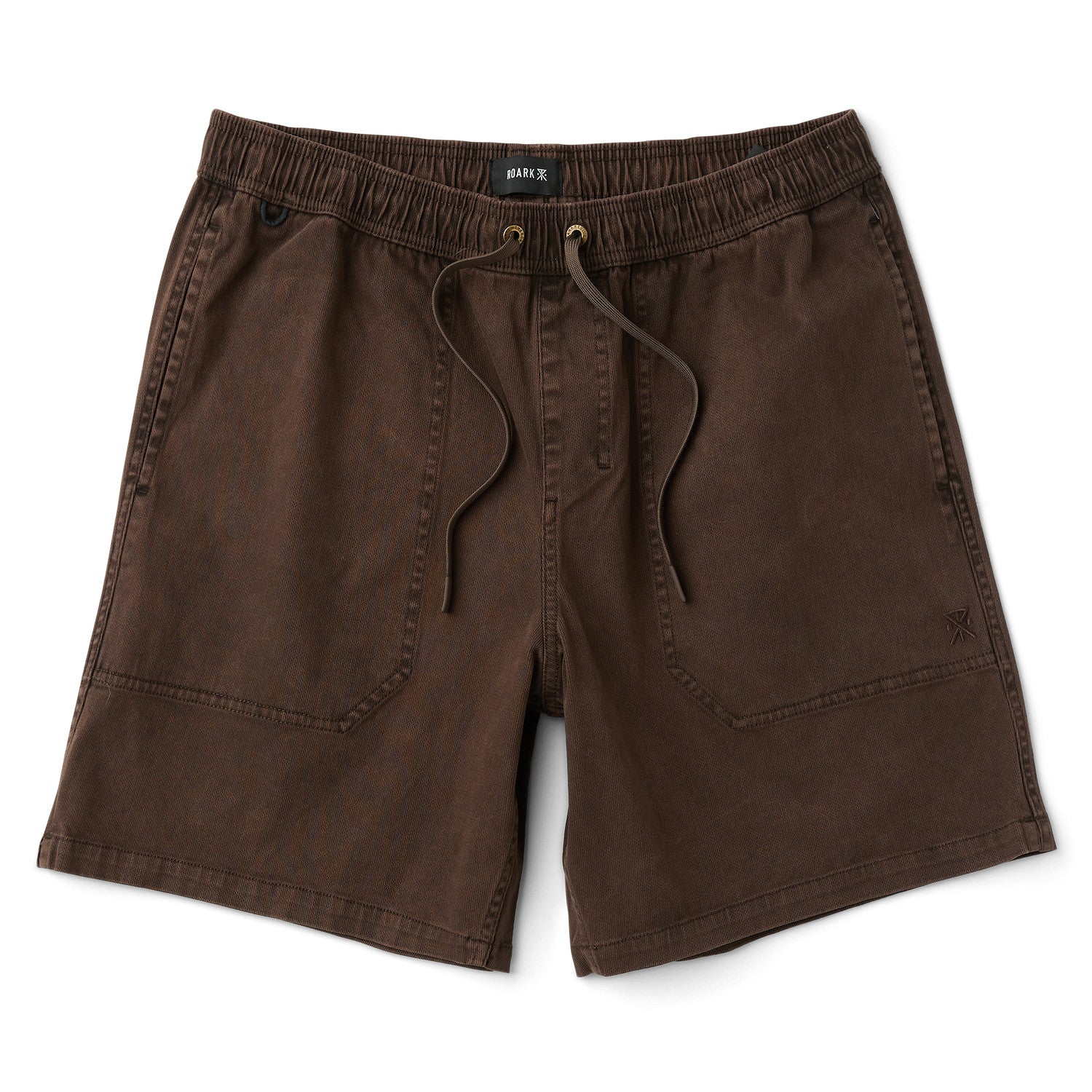 Brown shorts with drawstring on a white background