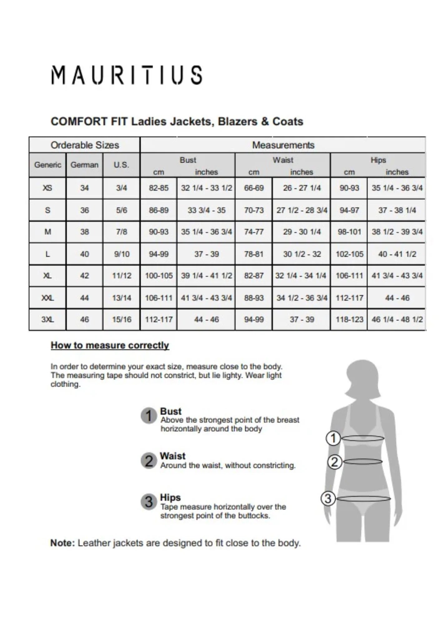 Size chart for Mauritius comfort fit ladies jackets, blazers, and coats with measurement guide and body diagram.