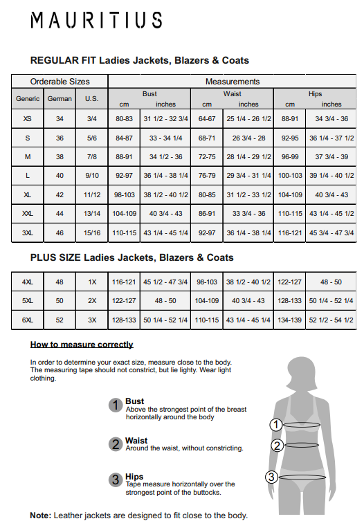 Measurement chart for ladies jackets, blazers, and coats with size guide and measurement instructions.
