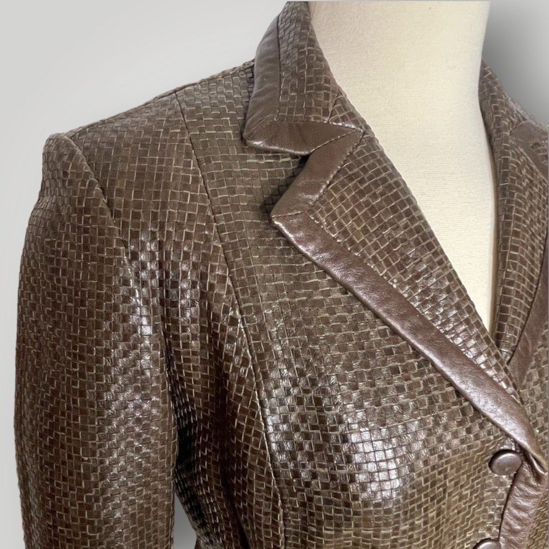 Max Mara Brown Woven Leather Skirt Suit Set Blazer Couture I - MST GoodsMax Mara
