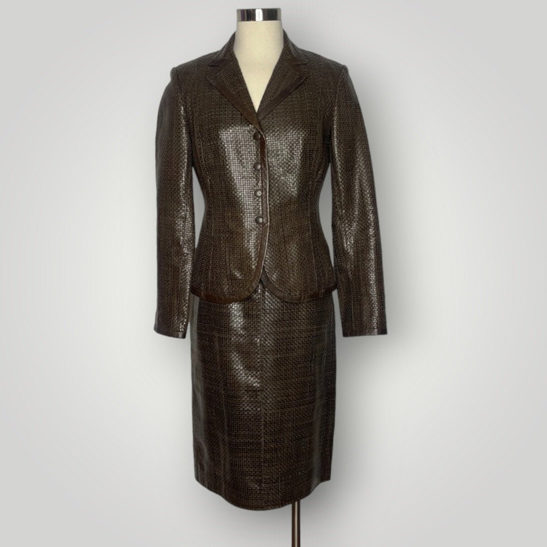 Max Mara Brown Woven Leather Skirt Suit Set Blazer Couture I - MST GoodsMax Mara
