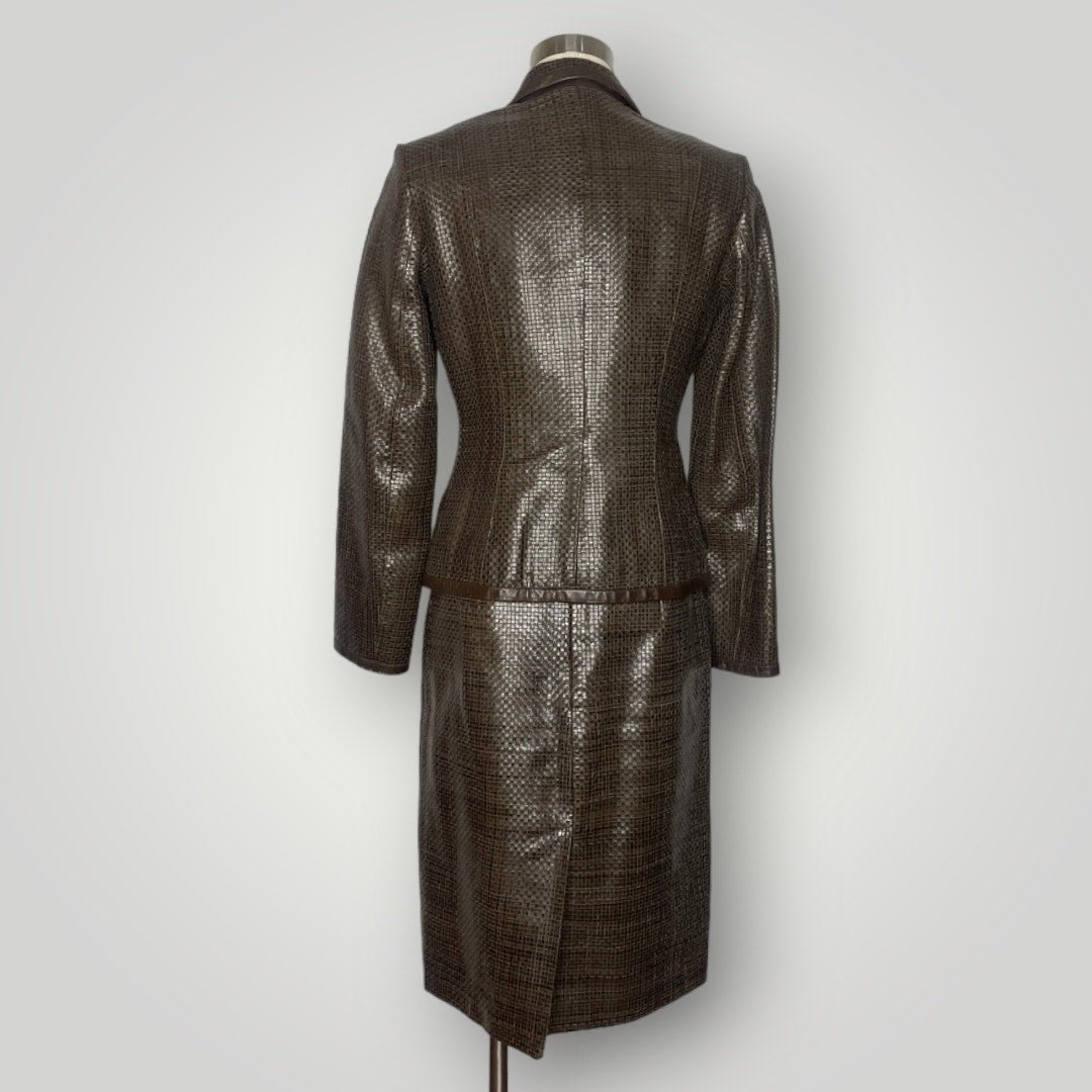 Max Mara Brown Woven Leather Skirt Suit Set Blazer Couture I - MST GoodsMax Mara
