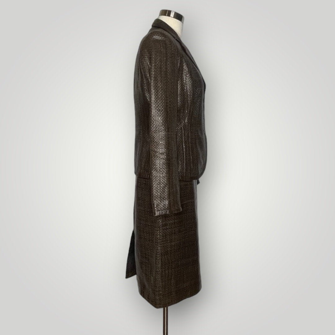 Max Mara Brown Woven Leather Skirt Suit Set Blazer Couture I - MST GoodsMax Mara