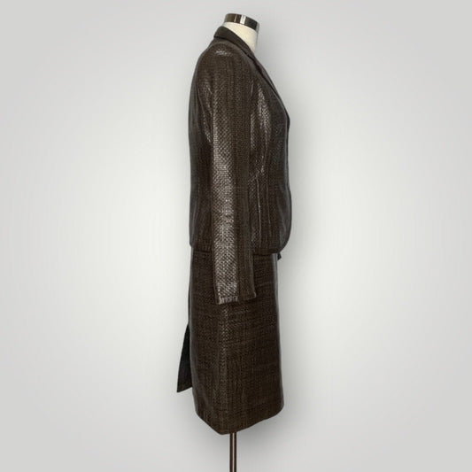 Max Mara Brown Woven Leather Skirt Suit Set Blazer Couture I - MST GoodsMax Mara