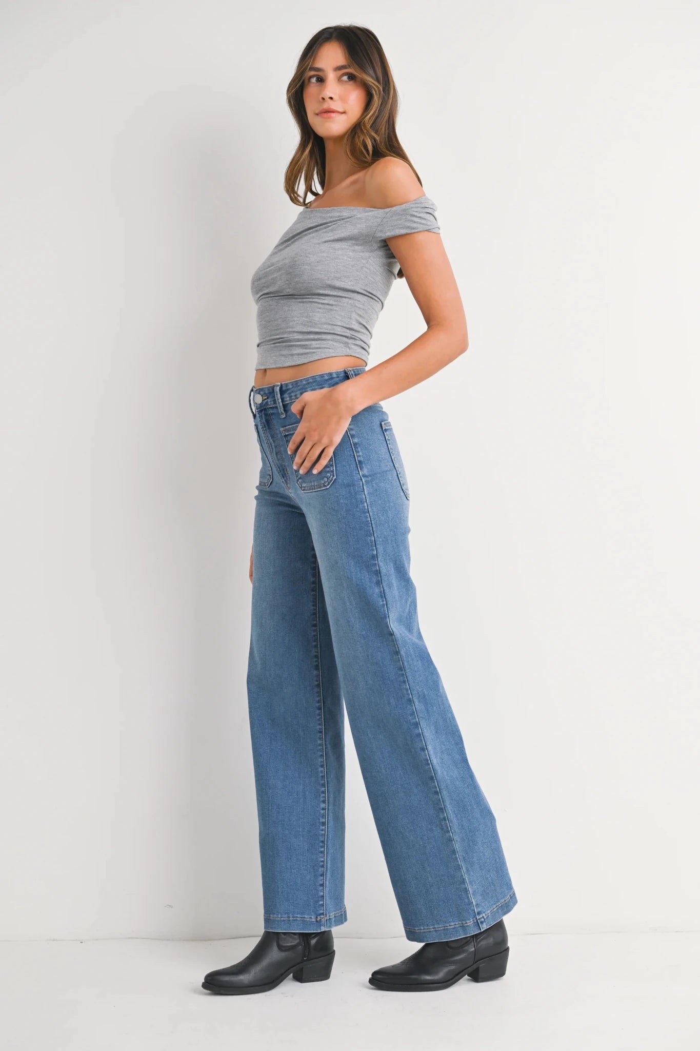 Mini Patch Pocket Wide Flare Denim Pants - MST GoodsJust Black Denim