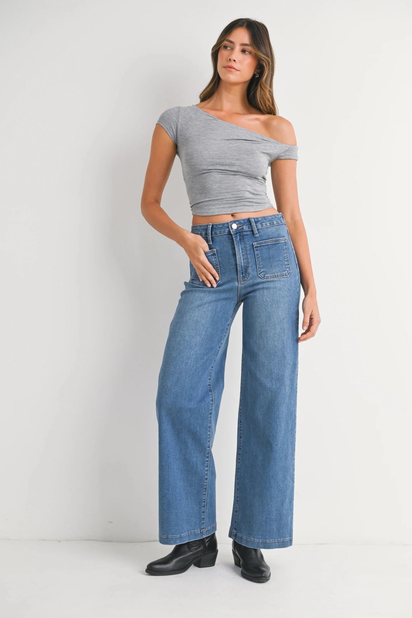 Mini Patch Pocket Wide Flare Denim Pants - MST GoodsJust Black Denim