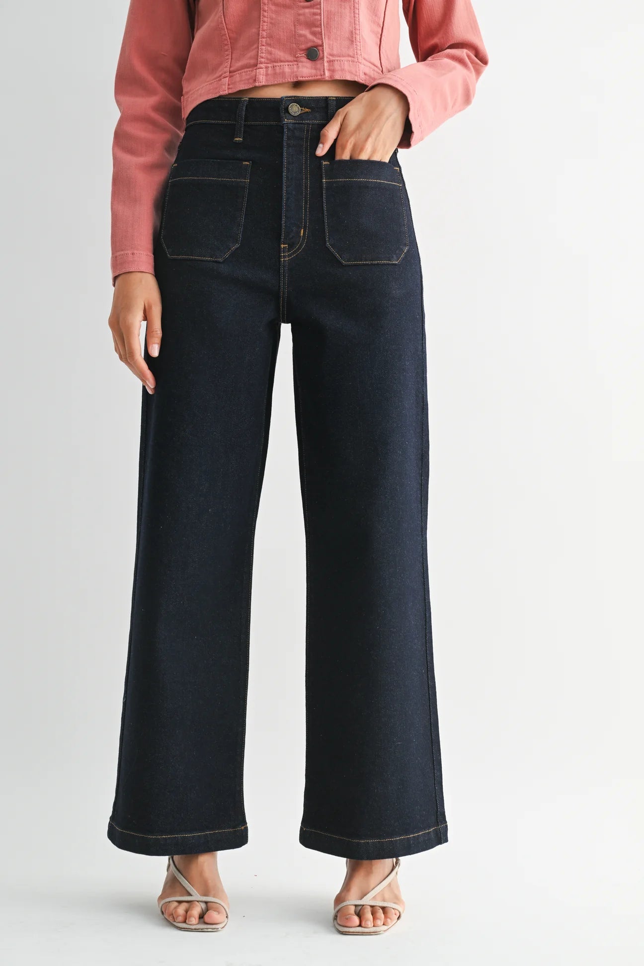 Mini Patch Pocket Wide Flare Denim Pants - MST GoodsJust Black Denim