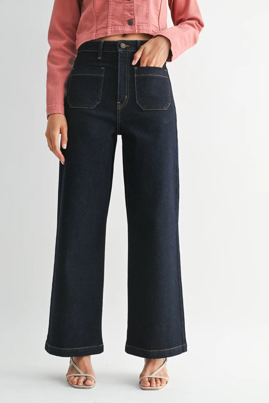 Mini Patch Pocket Wide Flare Denim Pants - MST GoodsJust Black Denim