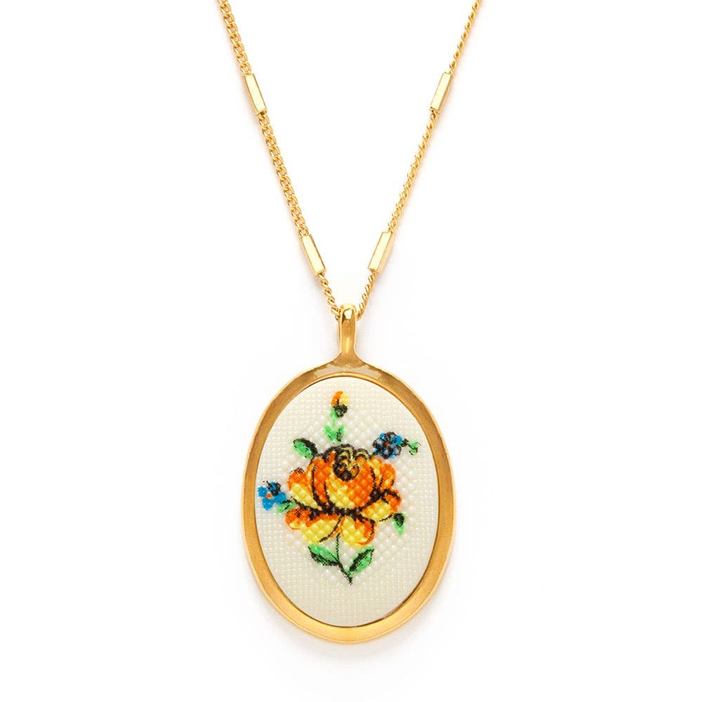Needlepoint Yellow Flower Vintage Cameo Necklace - MST GoodsAmano Studio