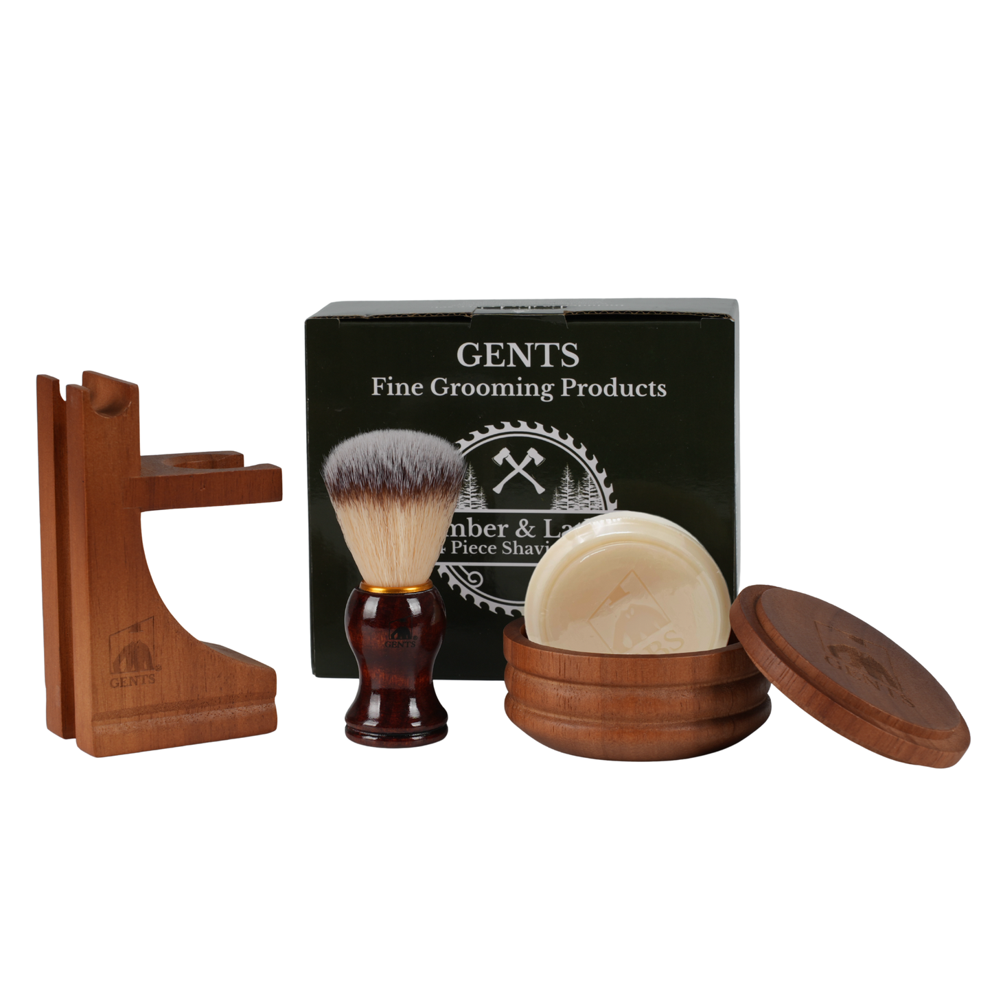 Set of grooming products including a brush, stand, and containers with 'GENTS Fine Grooming Products' packaging.