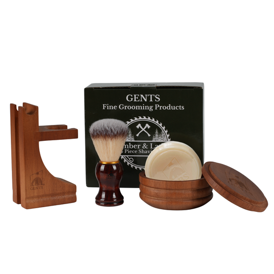 Set of grooming products including a brush, stand, and containers with 'GENTS Fine Grooming Products' packaging.