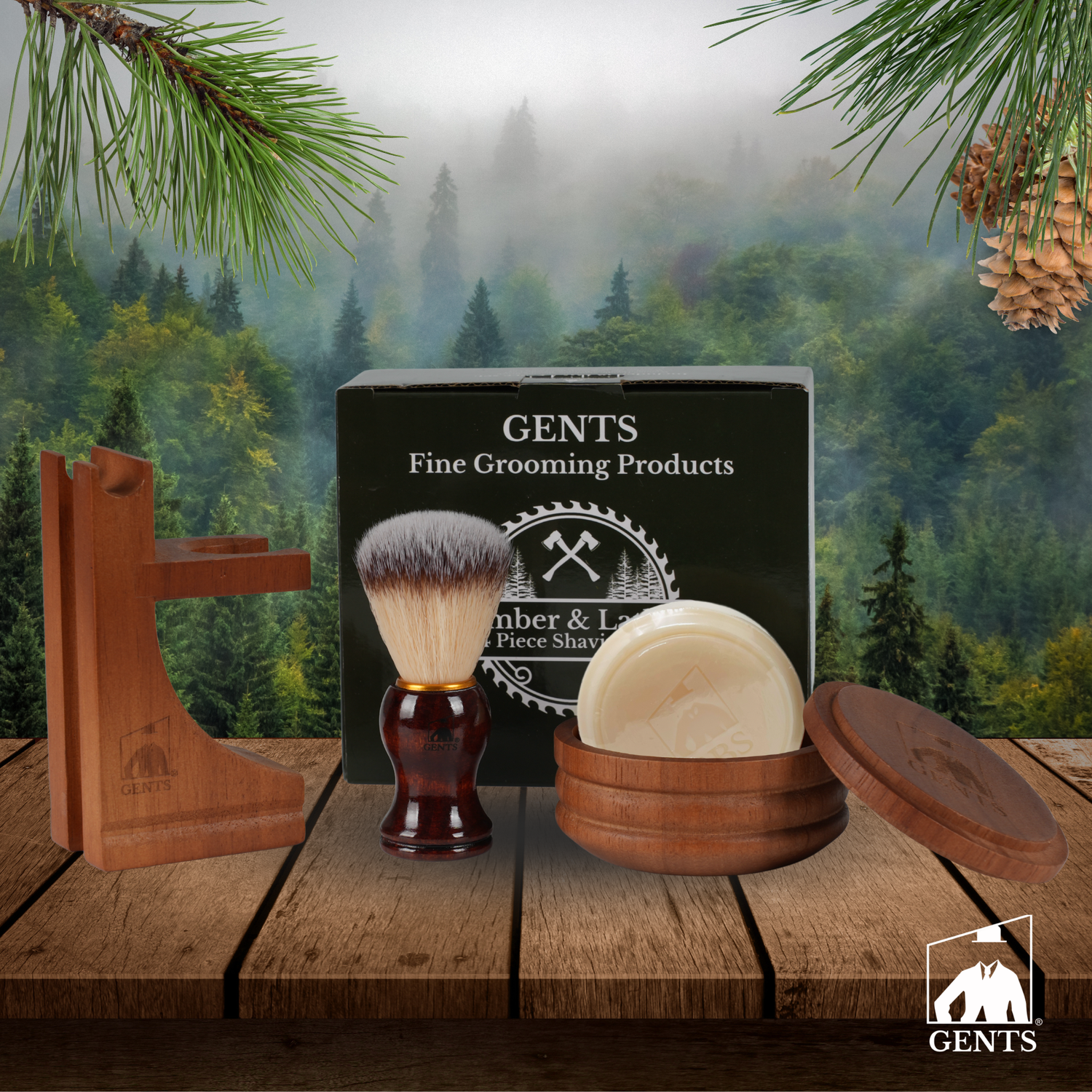 GENTS fine grooming products including a shaving brush, bowl, and stand with a forest background.