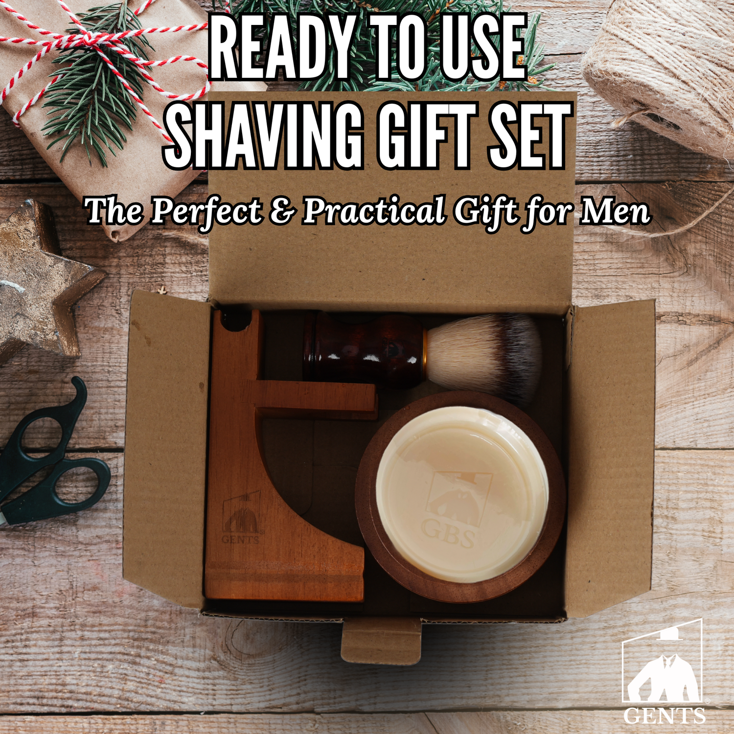 Shaving gift set in an open box with text 'Ready to Use Shaving Gift Set' on a wooden background.