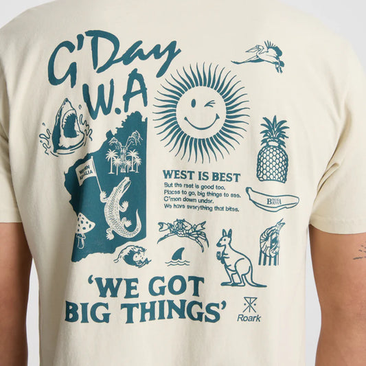 Beige t-shirt with blue graphics and text on a white background