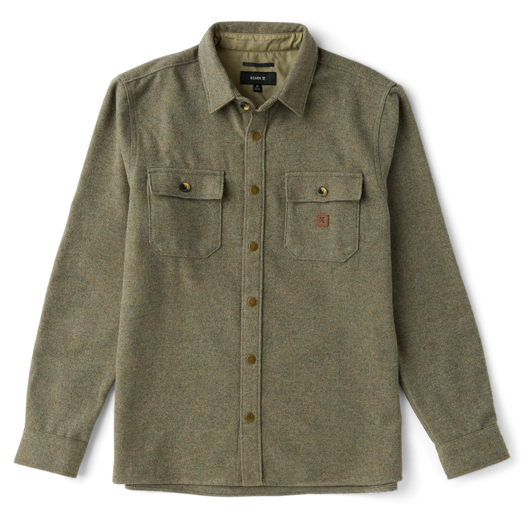 Green shirt with button details on a white background