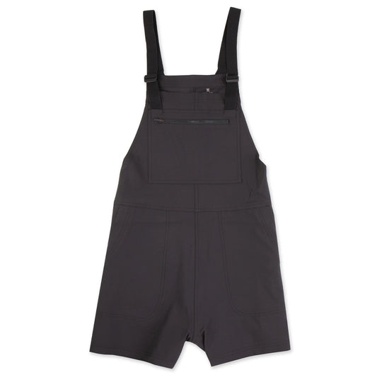Black overall shorts with straps on a white background