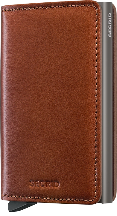 Brown leather wallet with 'Secrid' branding on a white background