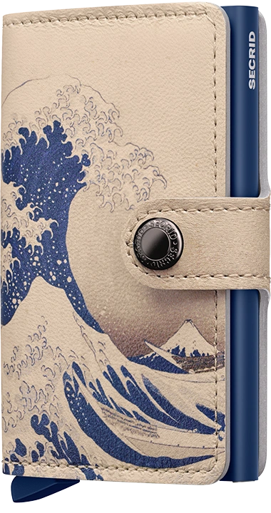 Beige wallet with blue wave design and Secrid branding