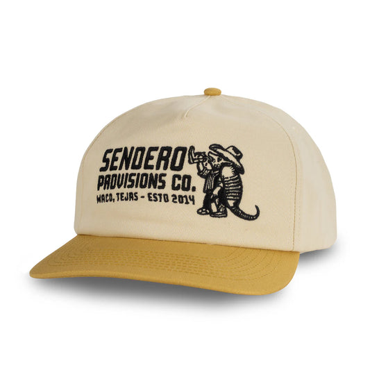 Beige cap with black text and logo on a white background