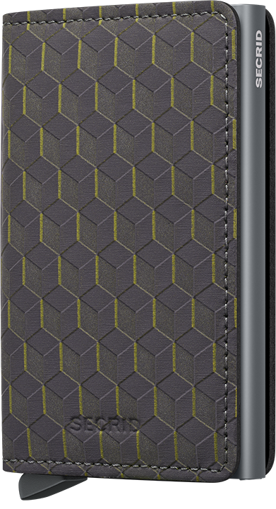 Gray hexagonal patterned wallet with SECRI branding on a black background
