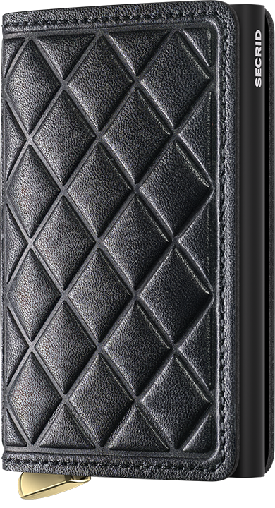 Black quilted wallet with gold accent on a white background