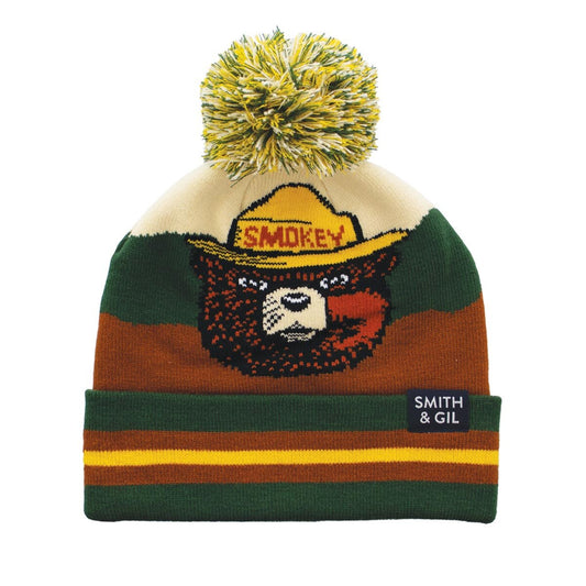 Colorful beanie with bear design and 'Smokey' text on a white background