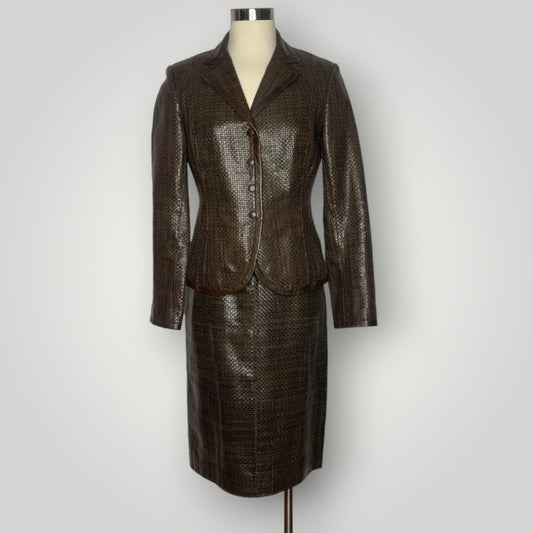 Max Mara Brown Woven Leather Skirt Suit Set Blazer Couture I