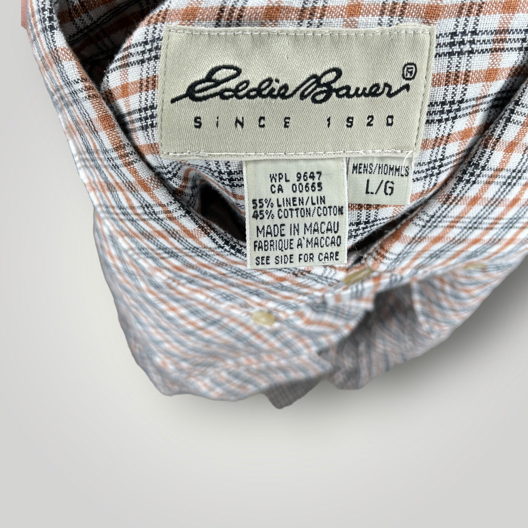 Vintage Top Eddie Bauer Linen Cotton Plaid Button Down Shirt Orange Gray H