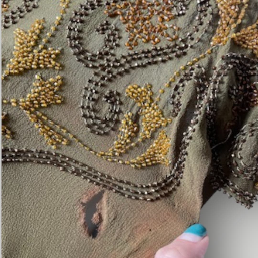 Vintage 1920s Beaded Handmade Flapper Dress Brown Floral Earth Tones M F