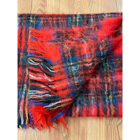 Vtg Plaid Tartan Mohair Throw Blanket 72”x49” Fringe Red Green Blue