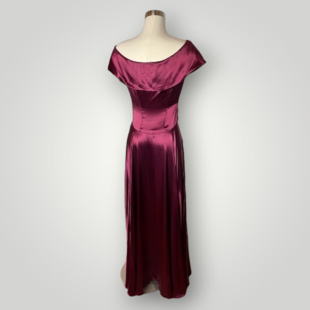 Vintage 1930s Satin Gown Off Shoulder Deep Red Floor Length Handmade Dress F