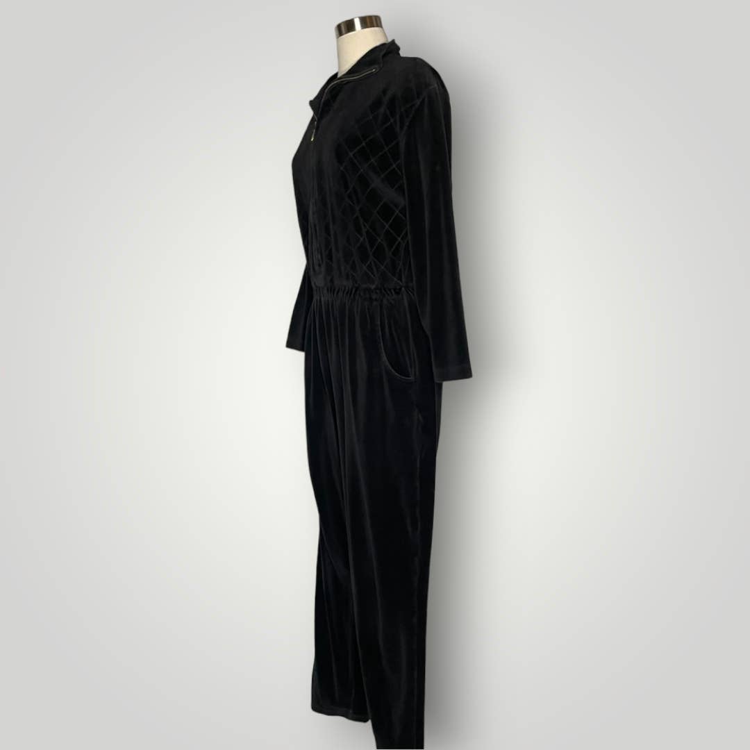 Vintage 1980s Black Quilted Velour Jumpsuit One Piece Women's Medium G