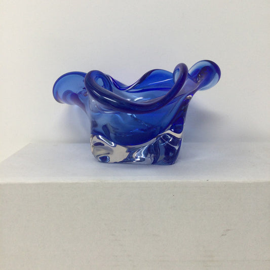 Vtg Murano Art Glass Ashtray Blue Italy Handmade Blown